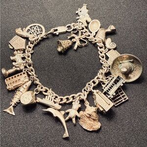 VTG Charm Bracelet Sterling 925 With 23 Charms 79.5G Silver Animals Travel  BIG